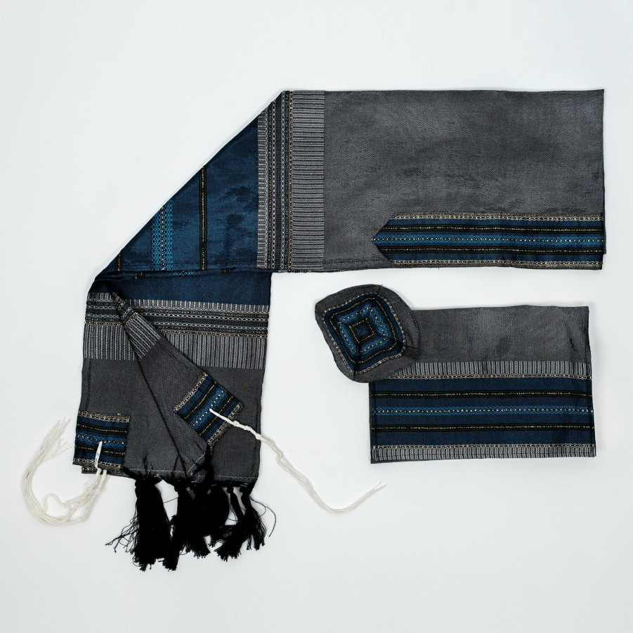 Gabrieli Tallits * | Gabrieli Tallit Gabrieli Tallits Elia Silk Tallit- Flag Blue With Gold On Gray