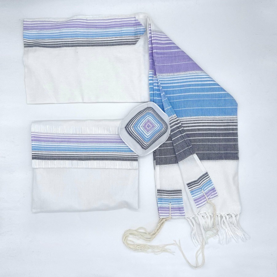 Gabrieli Tallits * | Gabrieli Tallit Ella Silk Tallit Pastel Purple And Blues With Silver On White