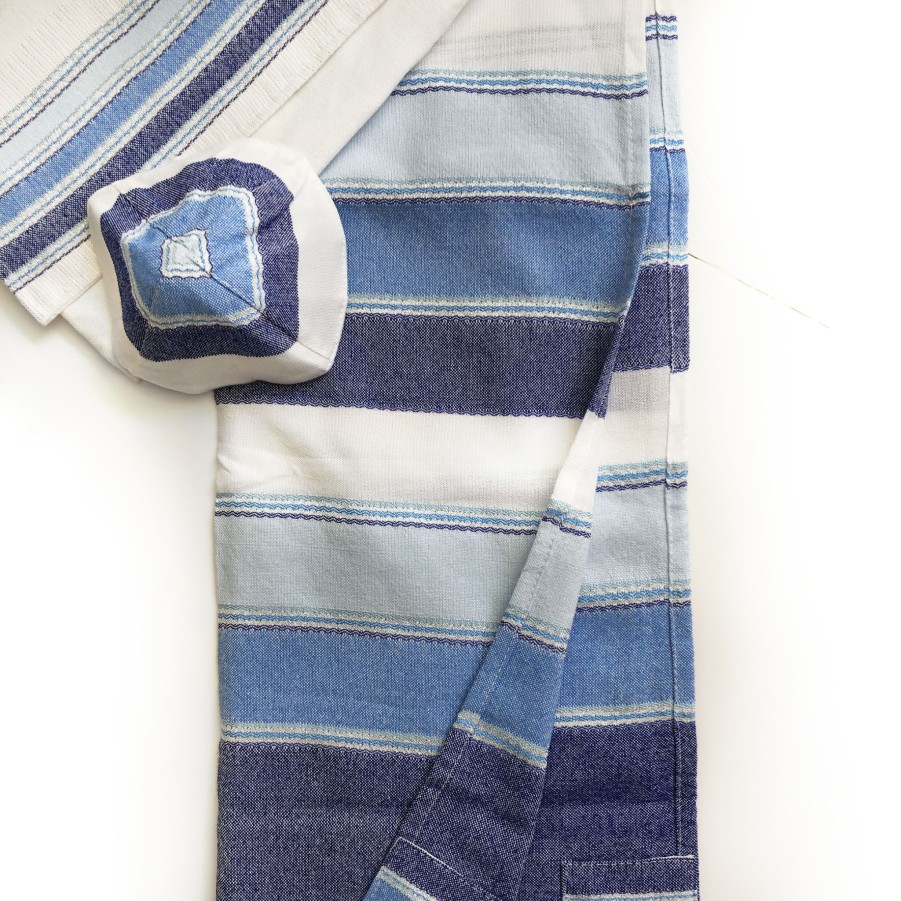 Elegant Gabrieli * | Gabrieli Tallit Noam Cotton Tallit 3 Blues And Silver On White Gabrieli Tallits