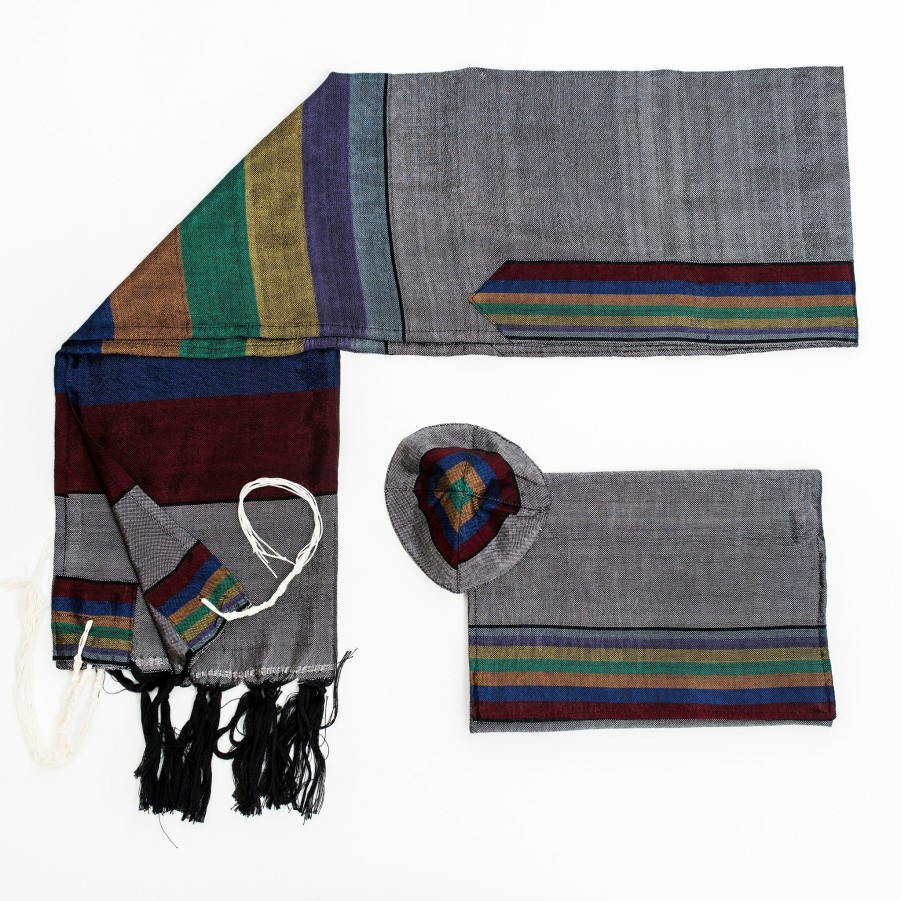 Gabrieli Tallits * | Gabrieli Tallit Gabrieli Tallits Esther Silk Tallit Rainbow Stripes On Gray