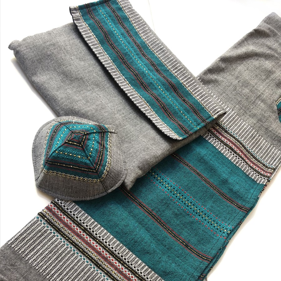 Elegant Gabrieli * | Gabrieli Tallit Elia Cotton Tallit Turquoise With Gold On Grey