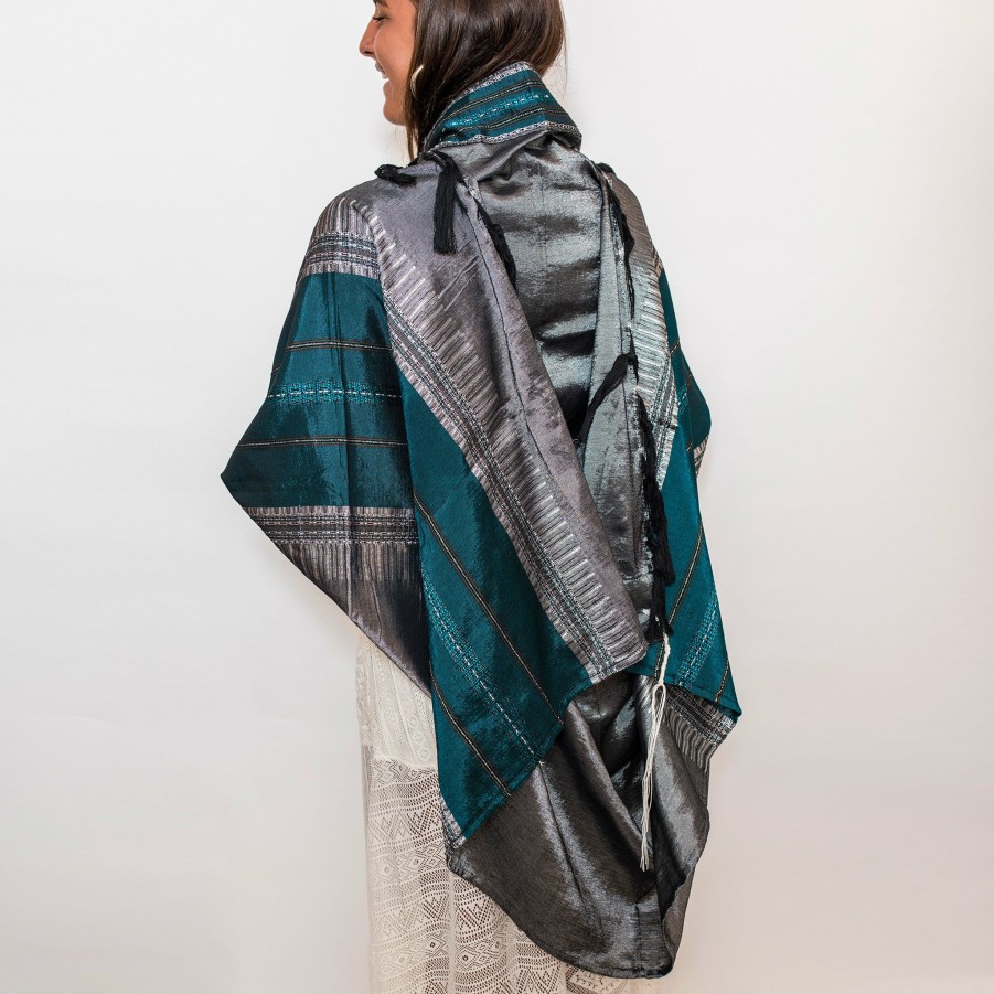 Gabrieli Tallits * | Gabrieli Tallit Elia Silk Tallit- Turquoise And Silver On Gray