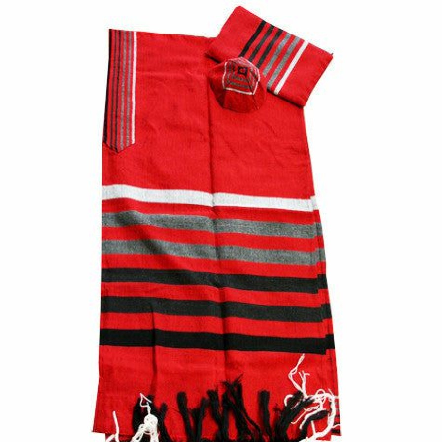 Gabrieli Tallits * | Gabrieli Tallit Gad Wool Tallit Grays On Red