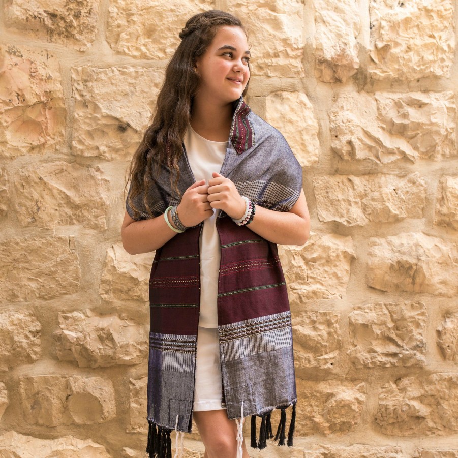 Gabrieli Tallits * | Gabrieli Tallit Elia Silk Tallit- Bordeaux And Gold On Gray Gabrieli Tallits