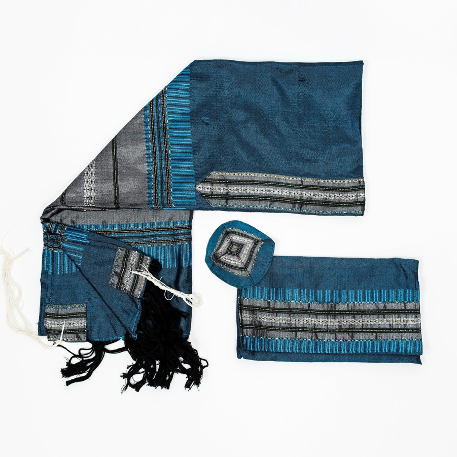 Gabrieli Tallits * | Gabrieli Tallit Elia Silk Tallit Gray With Gold On Blue