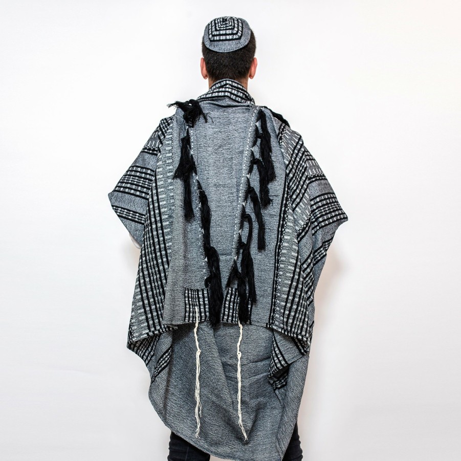 Gabrieli Tallits * | Gabrieli Tallit Gabrieli Tallits Yoel Wool Tallit Black And Grays On Gray