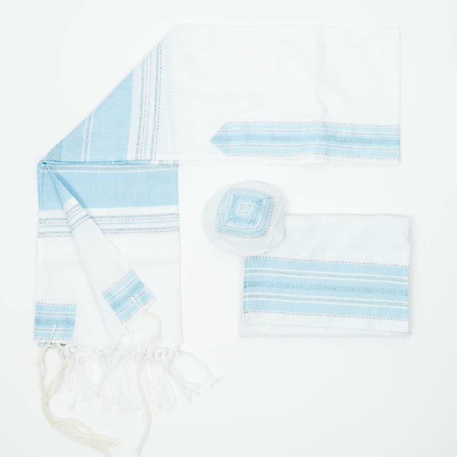 Gabrieli Tallits * | Gabrieli Tallit Elia Silk Tallit Baby Blue With Silver On White Gabrieli Tallits