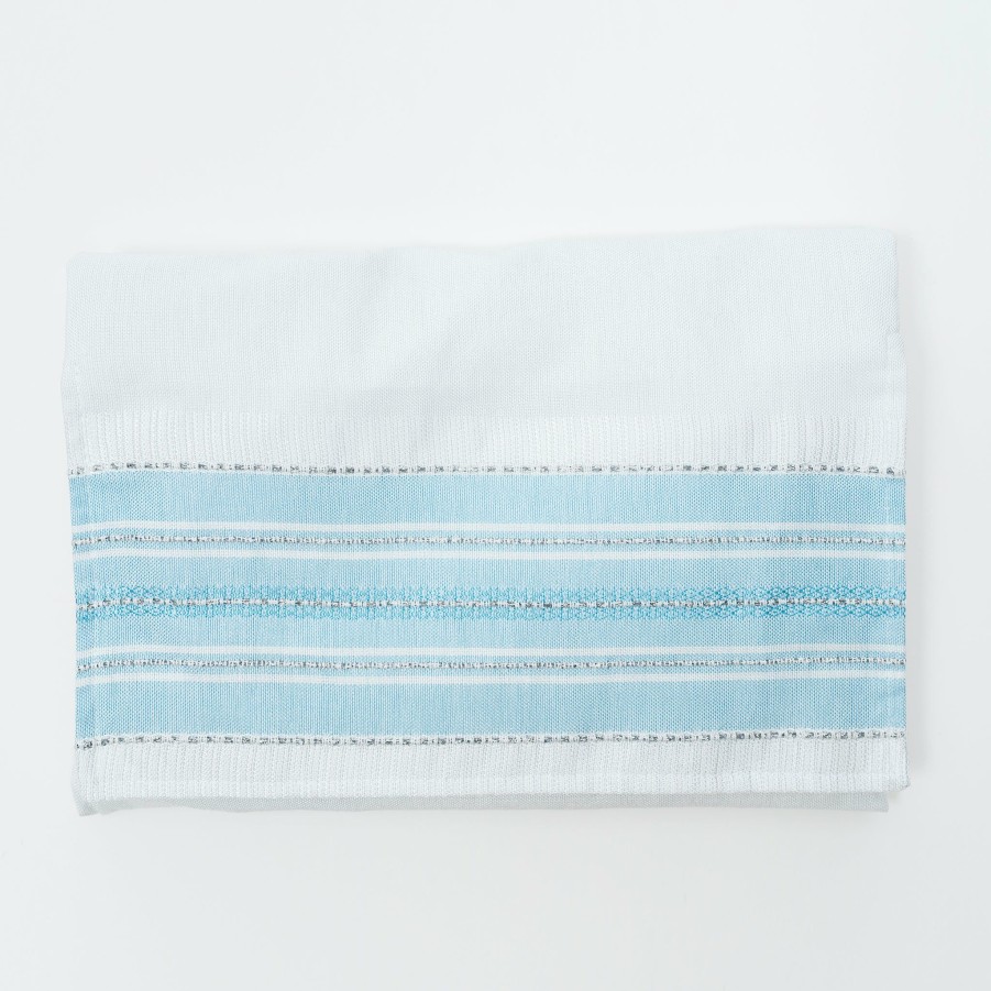 Gabrieli Tallits * | Gabrieli Tallit Elia Silk Tallit Baby Blue With Silver On White Gabrieli Tallits