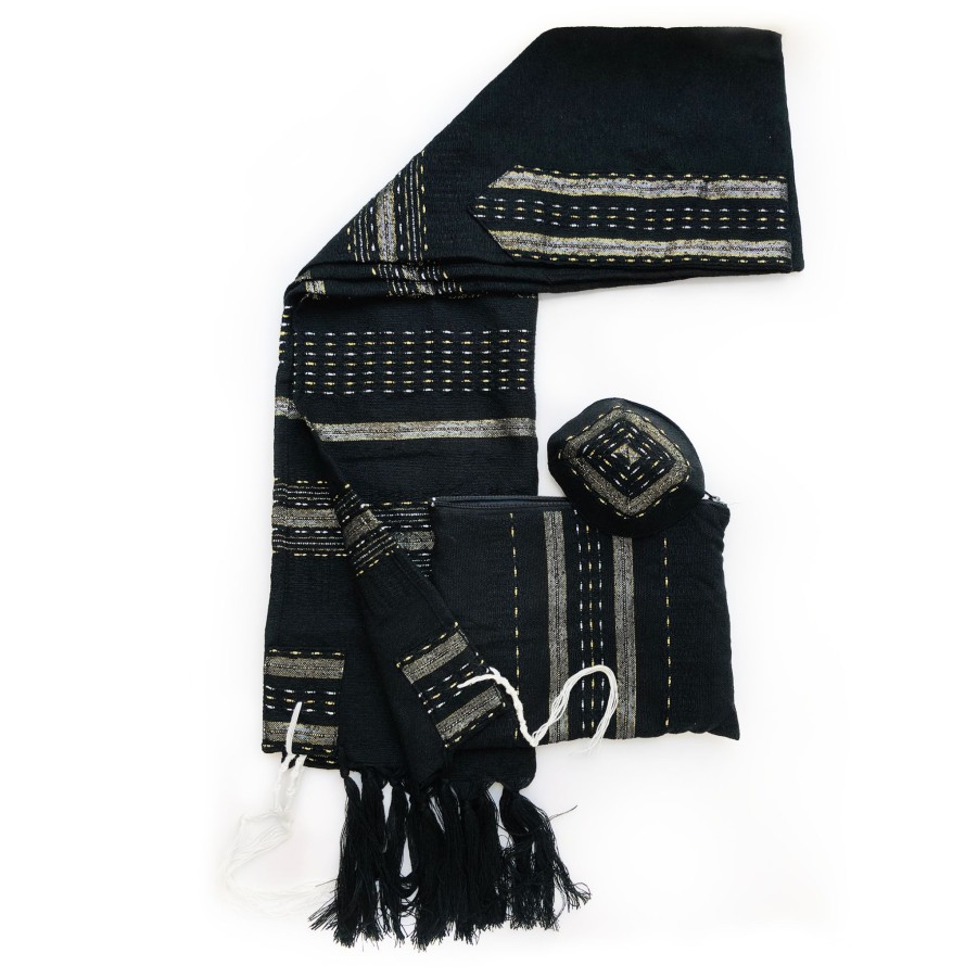 Gabrieli Tallits * | Gabrieli Tallit Gabrieli Tallits Elia Wool Tallit Gold And Silver On Black