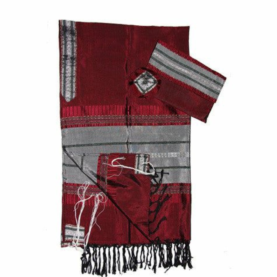 Gabrieli Tallits * | Gabrieli Tallit Elia Silk Tallit Gray With Silver On Red Gabrieli Tallits