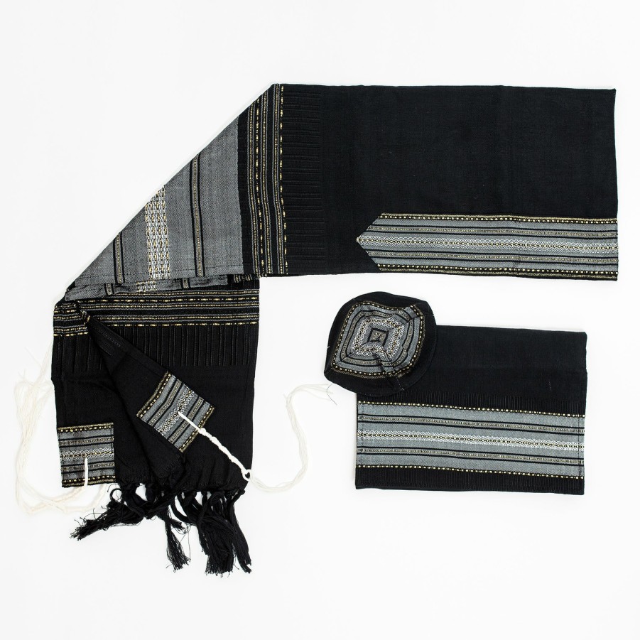 Gabrieli Tallits * | Gabrieli Tallit Elia Silk Tallit Gray With Gold On Black