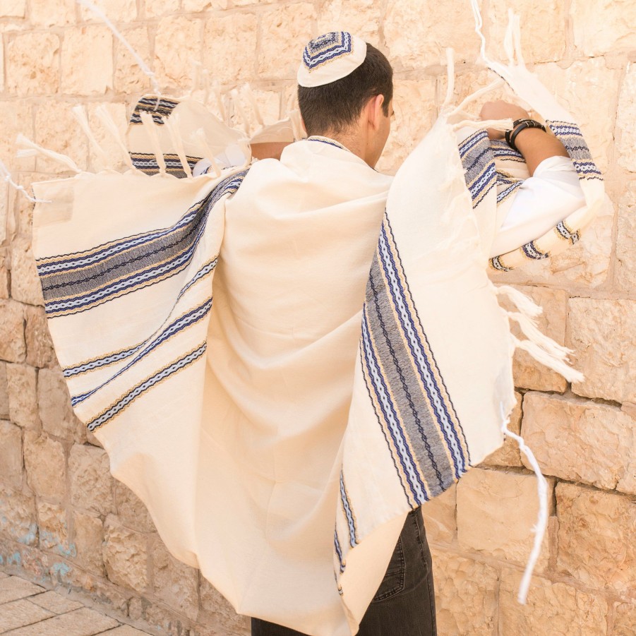 Elegant Gabrieli * | Gabrieli Tallit Adam Cotton Tallit Blues And Gold On Off-White Gabrieli Tallits