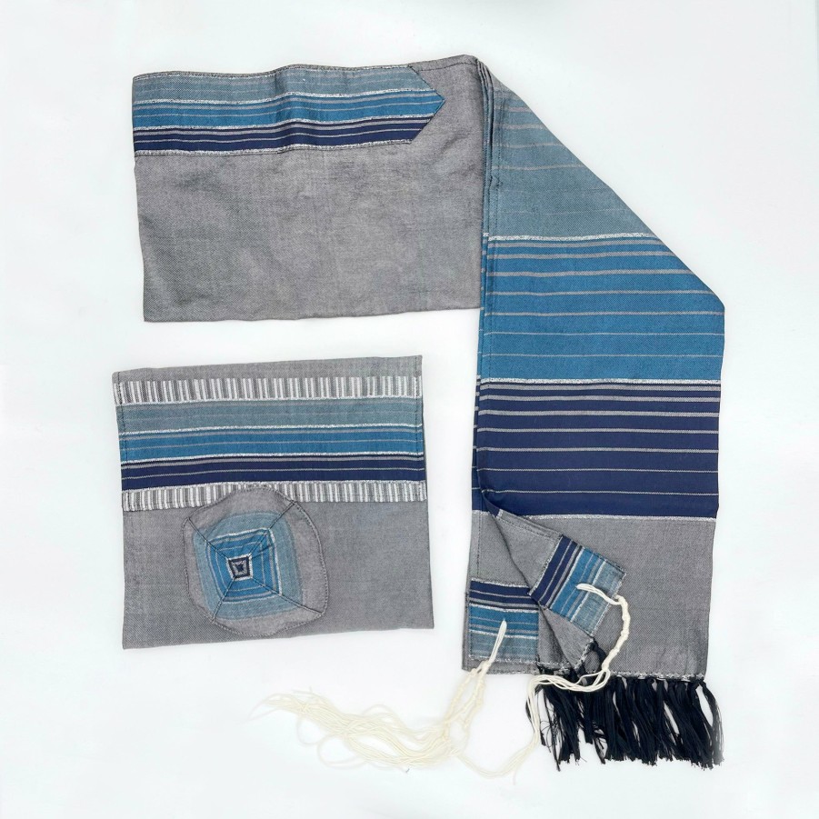 Gabrieli Tallits * | Gabrieli Tallit Ella Silk Tallit- Blues With Silver On Gray