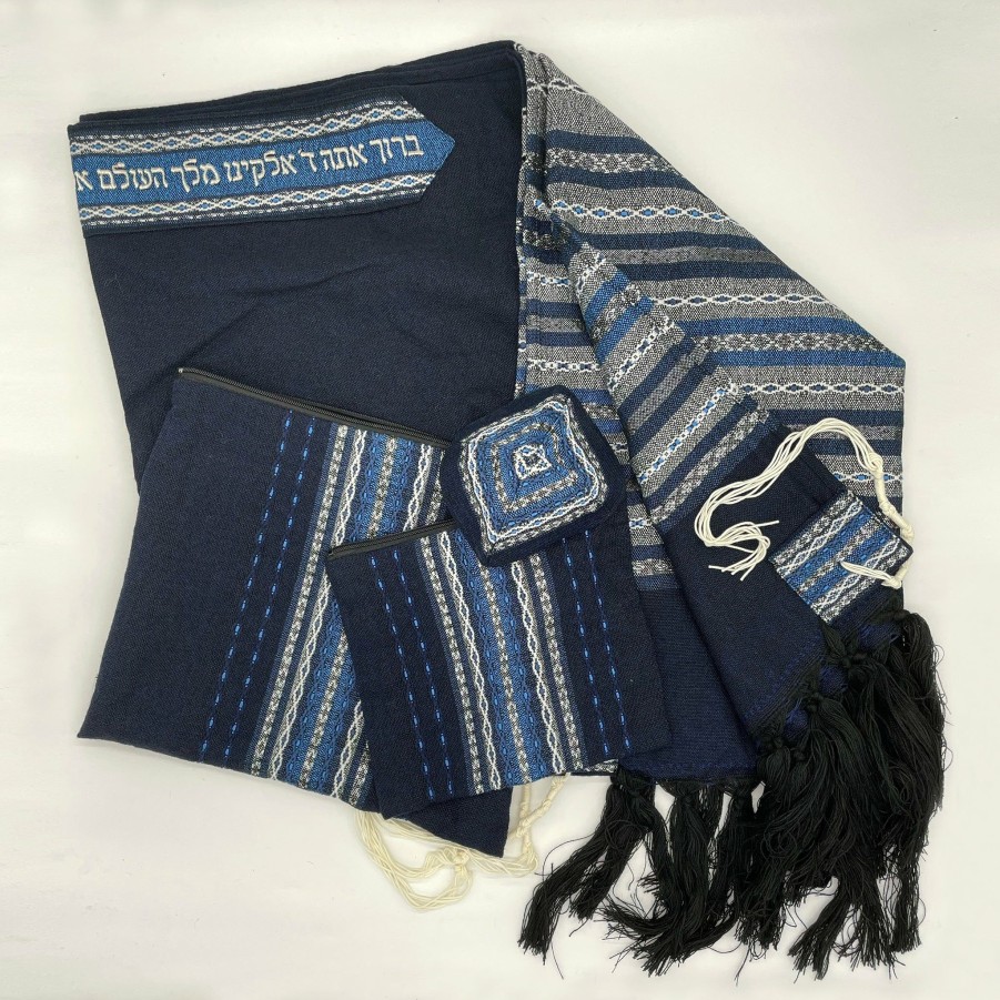 Gabrieli Tallits * | Gabrieli Tallit Gabrieli Premium Wool Tallit Shades Of Blue With Silver On Dark Blue