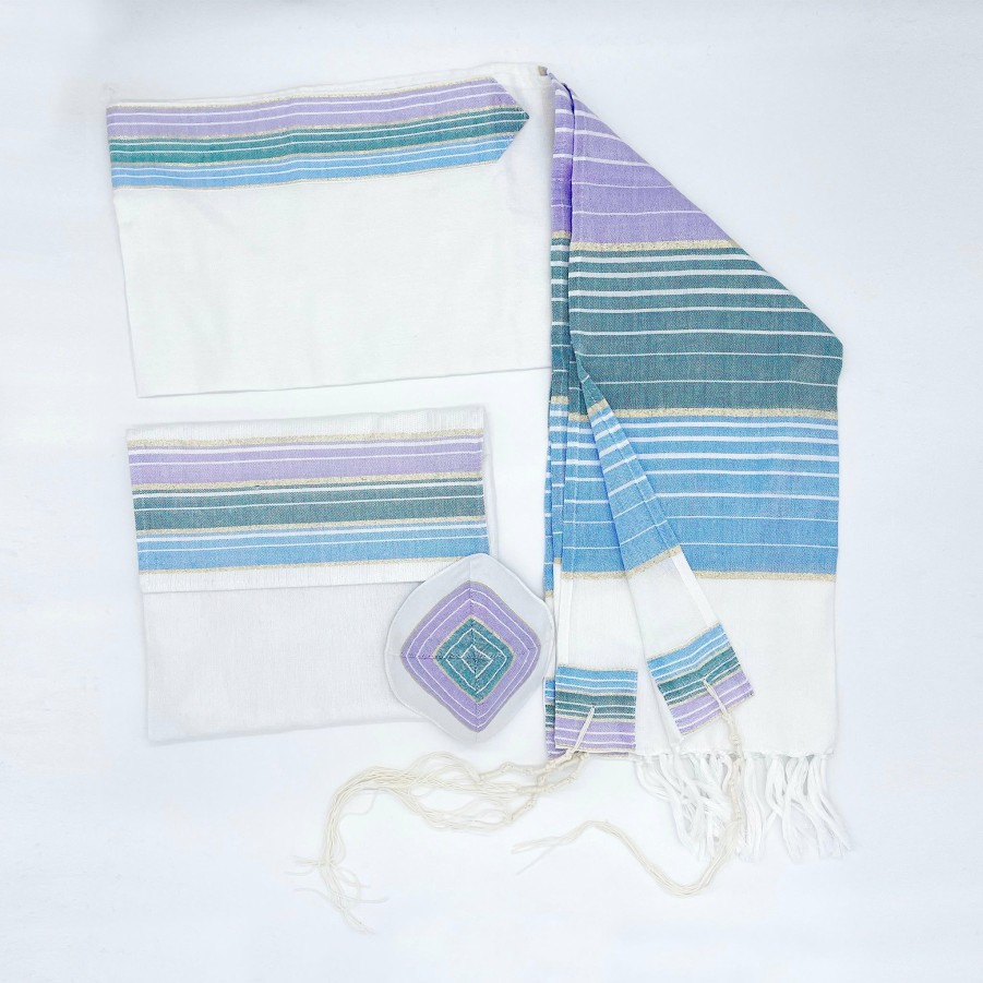 Gabrieli Tallits * | Gabrieli Tallit Ella Silk Tallit Pastel Purple, Teal And Blue With Gold On White