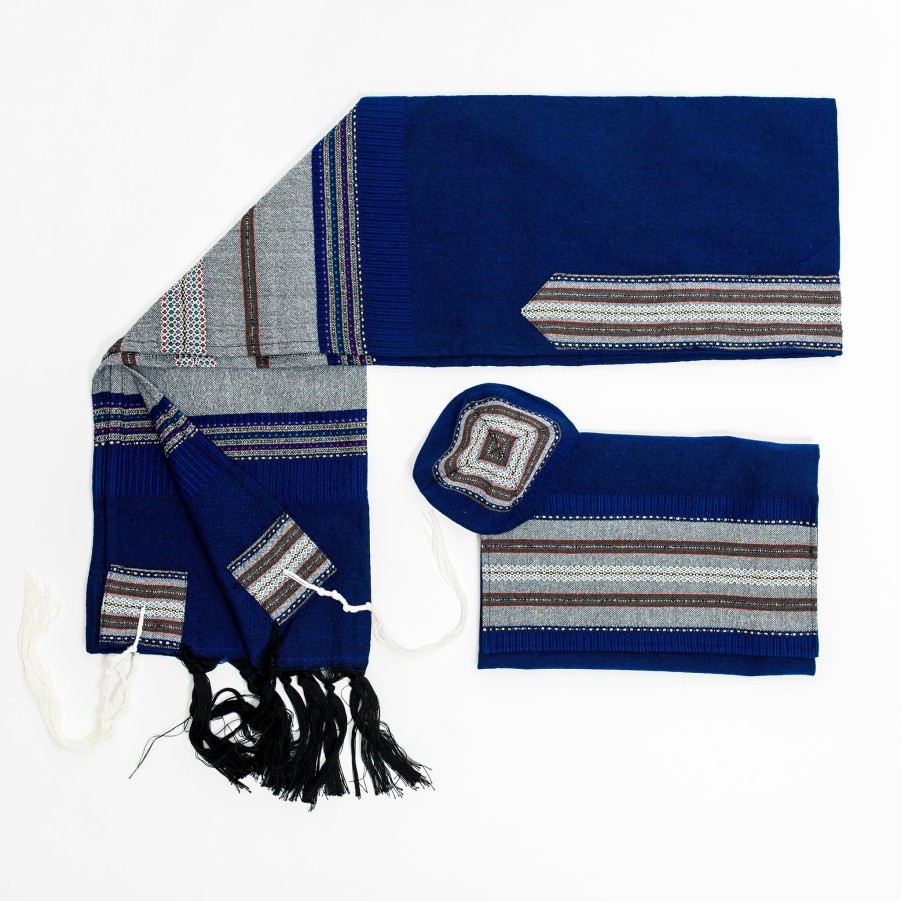 Elegant Gabrieli * | Gabrieli Tallit Elia Cotton Tallit Gray With Gold On Blue Gabrieli Tallits