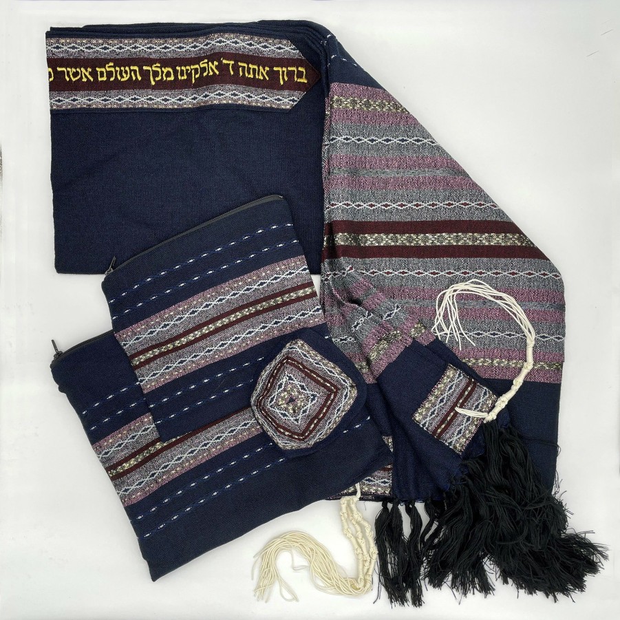 Gabrieli Tallits * | Gabrieli Tallit Gabrieli Premium Wool Tallit Lilac Purple, White, Bordeaux And Gold On Dark Blue Gabrieli Tallits