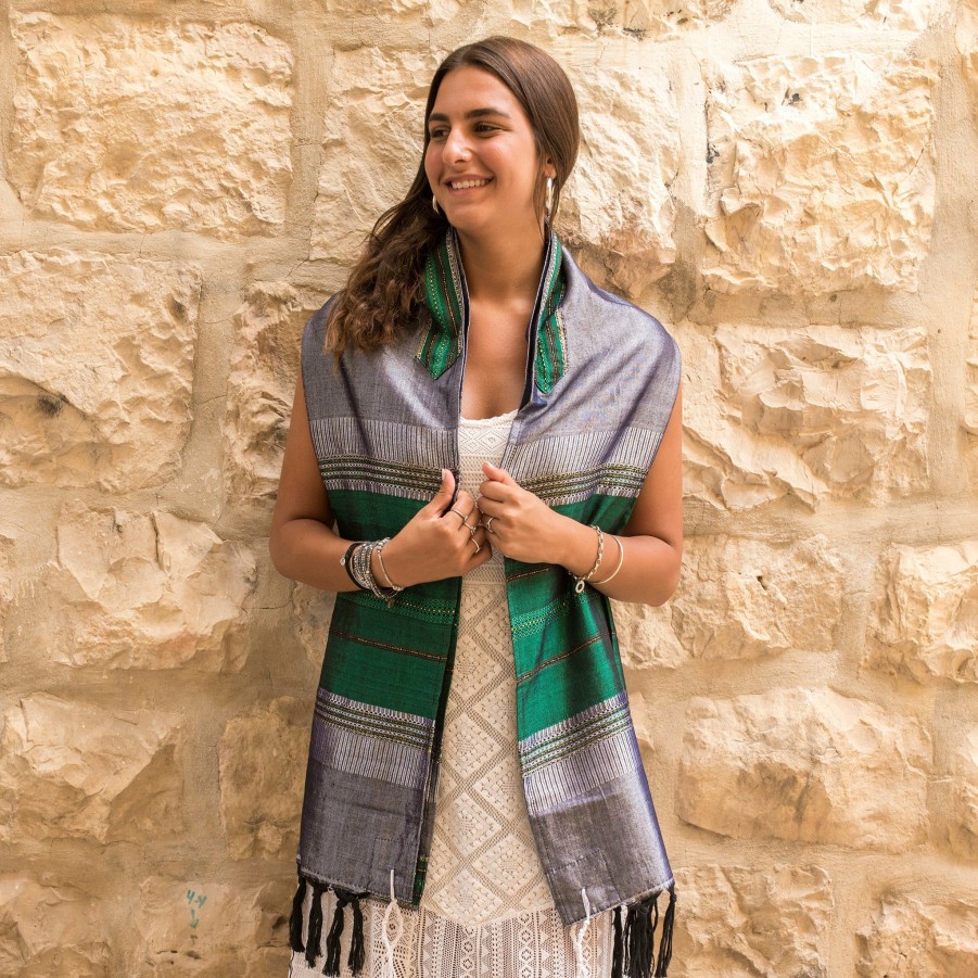 Gabrieli Tallits * | Gabrieli Tallit Elia Silk Tallit- Green And Gold On Gray Gabrieli Tallits