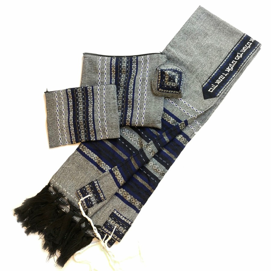 Gabrieli Tallits * | Gabrieli Tallit Gabrieli Premium Wool Tallit Blue & Silver On Gray