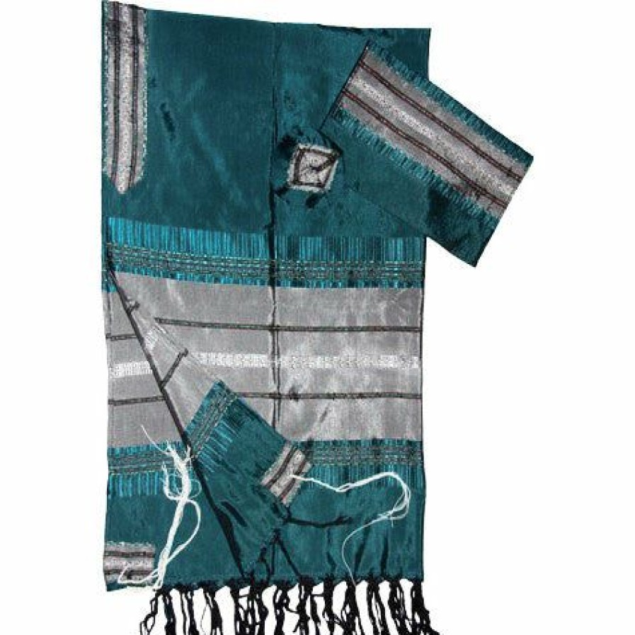 Gabrieli Tallits * | Gabrieli Tallit Elia Silk Tallit Gray On Teal Green