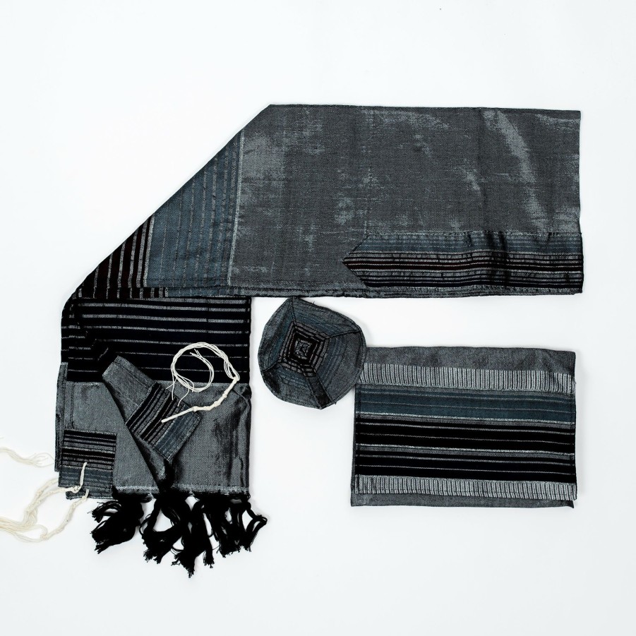 Gabrieli Tallits * | Gabrieli Tallit Ella Silk Tallit- Blues And Bordeaux With Silver On Gray