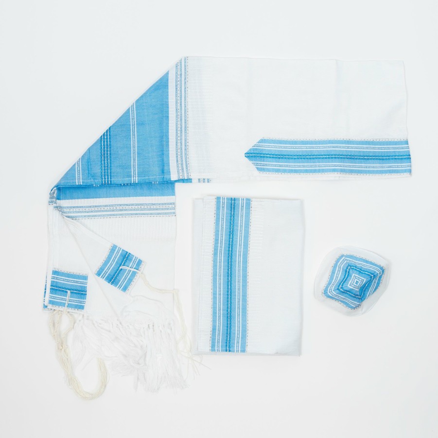 Gabrieli Tallits * | Gabrieli Tallit Elia Silk Tallit Flag Blue With Silver On White Gabrieli Tallits