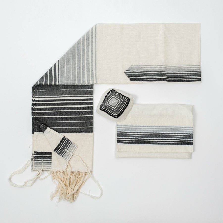 Elegant Gabrieli * | Gabrieli Tallit Ella Cotton Tallit Shades Of Gray With Silver On Off-White