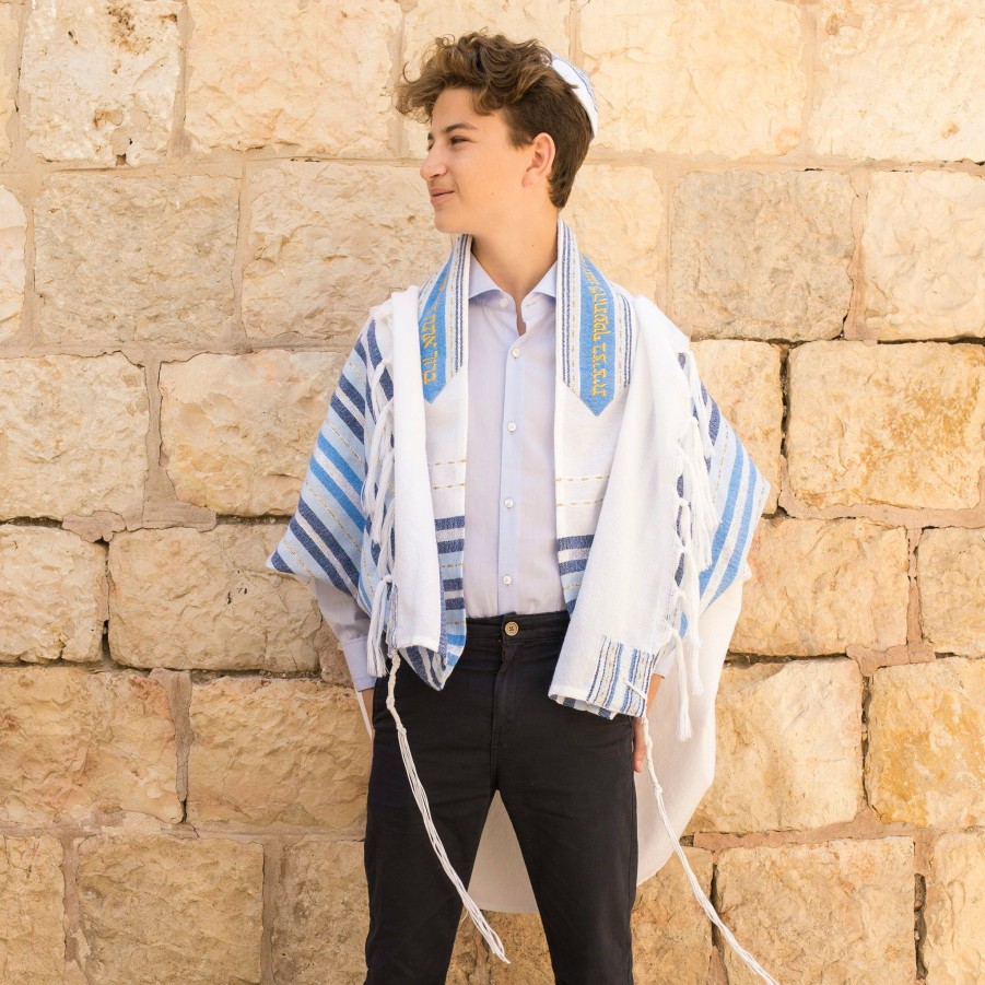 Gabrieli Tallits * | Gabrieli Tallit Gabrieli Premium Wool Tallit Shades Of Blue, Gold & Silver Gabrieli Tallits