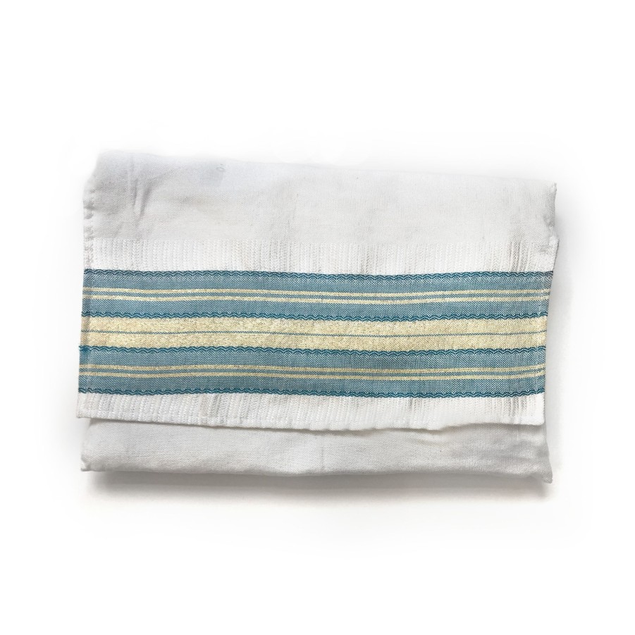 Gabrieli Tallits * | Gabrieli Tallit Tal Silk Tallit Turquoise With Gold On White Gabrieli Tallits