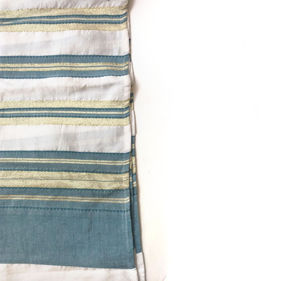 Gabrieli Tallits * | Gabrieli Tallit Tal Silk Tallit Turquoise With Gold On White Gabrieli Tallits