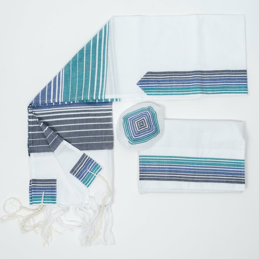 Elegant Gabrieli * | Gabrieli Tallit Ella Cotton Tallit Turquoise, Blue And Navy Stripes With Silver On White Gabrieli Tallits