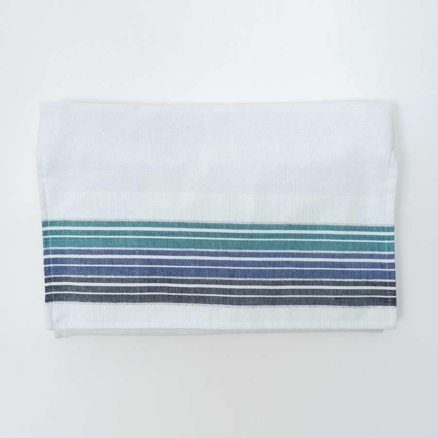 Elegant Gabrieli * | Gabrieli Tallit Ella Cotton Tallit Turquoise, Blue And Navy Stripes With Silver On White Gabrieli Tallits