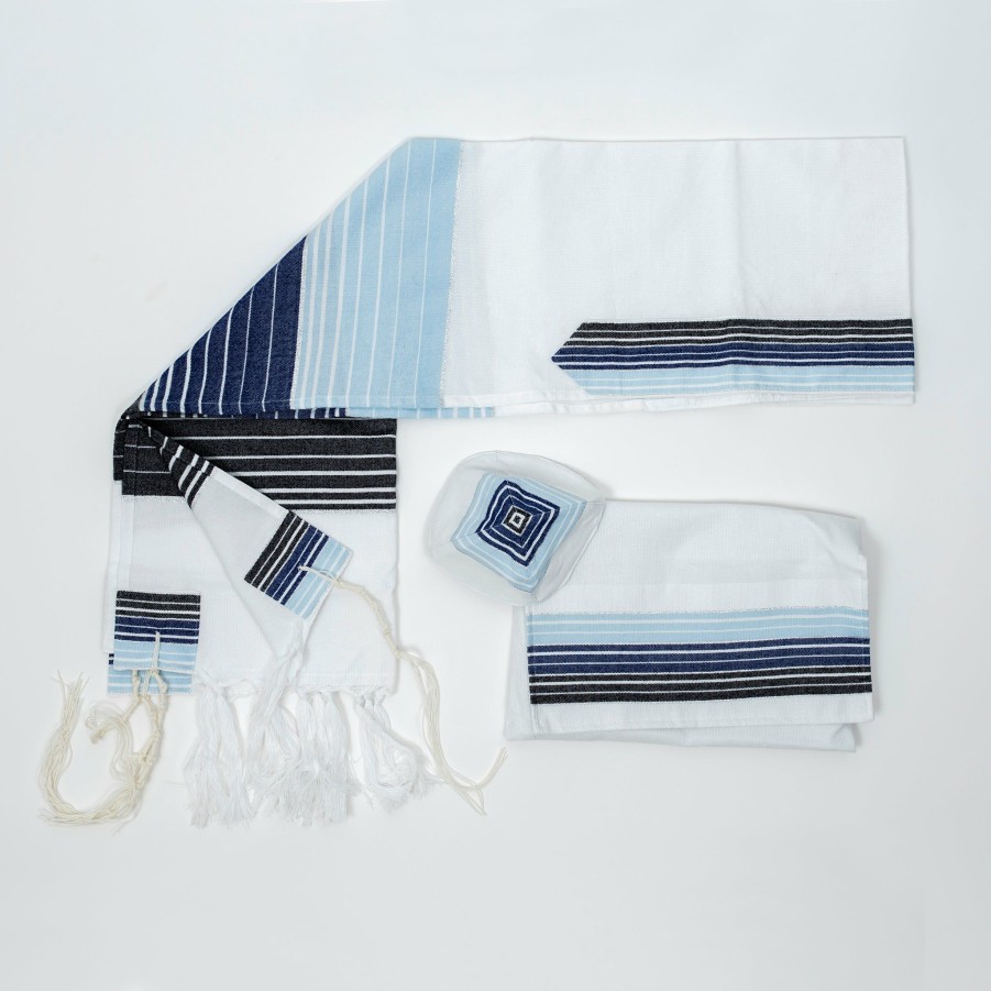 Elegant Gabrieli * | Gabrieli Tallit Ella Cotton Tallit Blue And Black Stripes With Silver On White