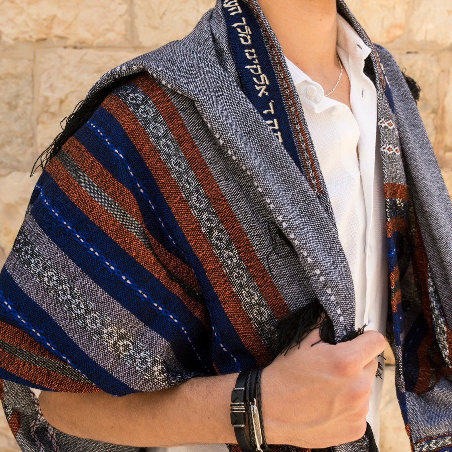 Gabrieli Tallits * | Gabrieli Tallit Gabrieli Premium Wool Tallit Blue & Orange With Silver On Gray