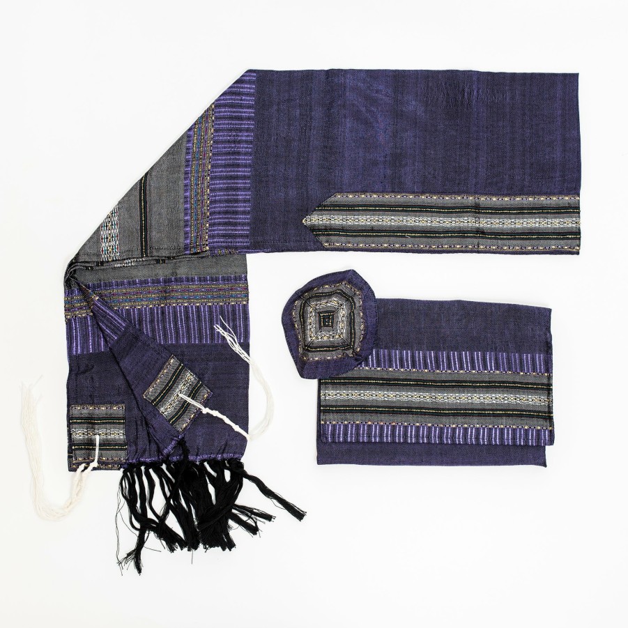 Gabrieli Tallits * | Gabrieli Tallit Elia Silk Tallit- Gray With Gold On Purple