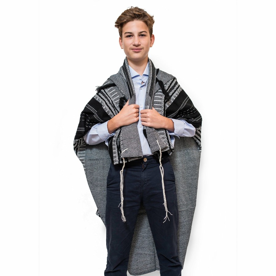 Gabrieli Tallits * | Gabrieli Tallit Elia Wool Tallit Black On Gray With Silver