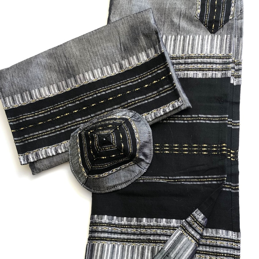 Gabrieli Tallits * | Gabrieli Tallit Elia Silk Tallit- Black With Gold On Gray