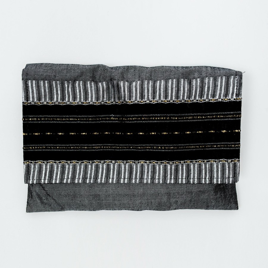 Gabrieli Tallits * | Gabrieli Tallit Elia Silk Tallit- Black With Gold On Gray