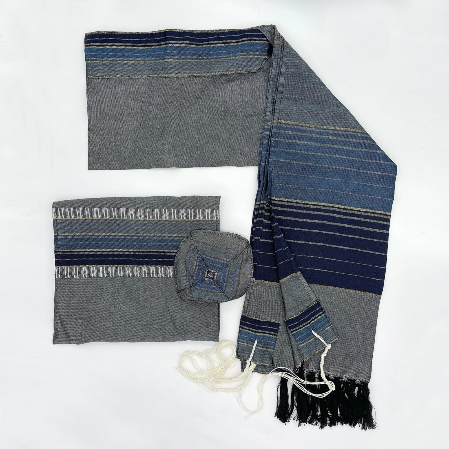 Gabrieli Tallits * | Gabrieli Tallit Ella Silk Tallit- Blues With Gold On Gray Gabrieli Tallits