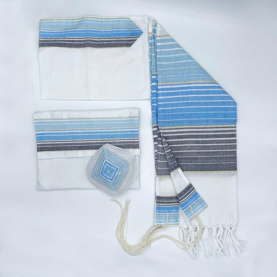 Gabrieli Tallits * | Gabrieli Tallit Ella Silk Tallit Shades Of Blue With Gold On White Gabrieli Tallits