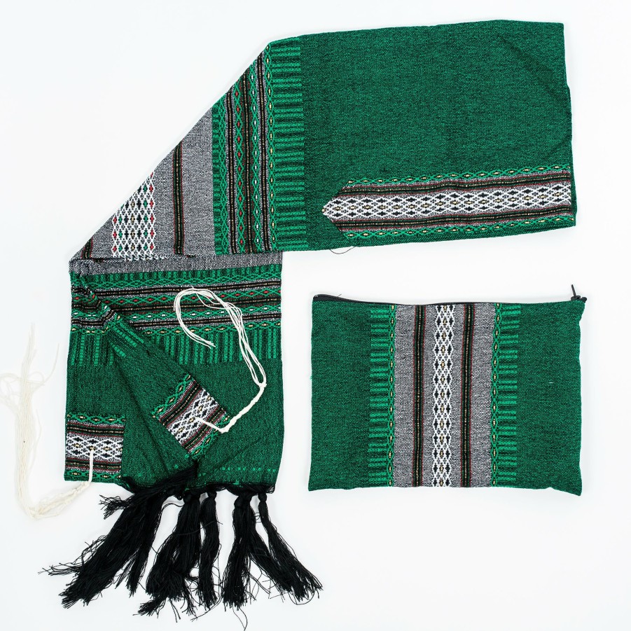 Gabrieli Tallits * | Gabrieli Tallit Gabrieli Tallits Elia Wool Tallit Grey With Gold On Green