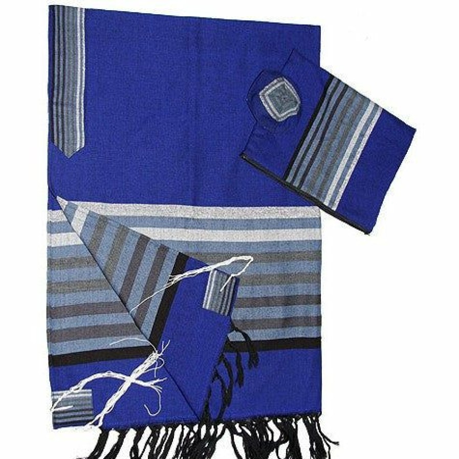 Gabrieli Tallits * | Gabrieli Tallit Gad Wool Tallit Grey Scale Stripes On Blue Gabrieli Tallits