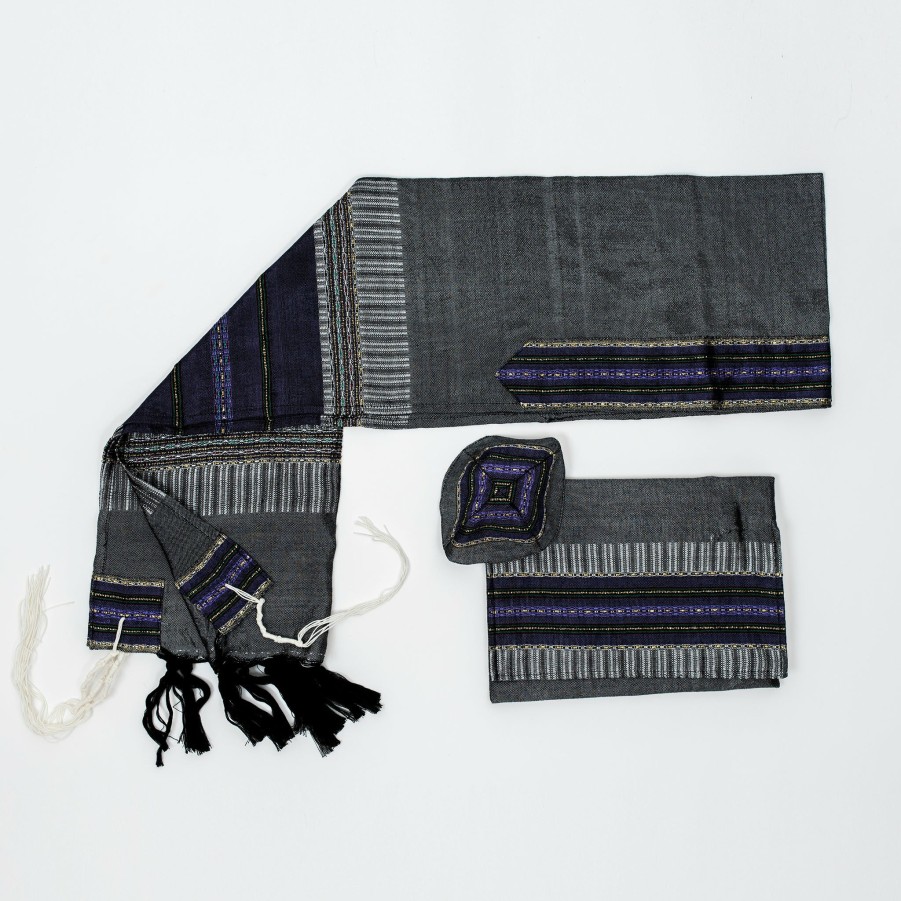 Gabrieli Tallits * | Gabrieli Tallit Elia Silk Tallit- Purple And Gold On Gray Gabrieli Tallits