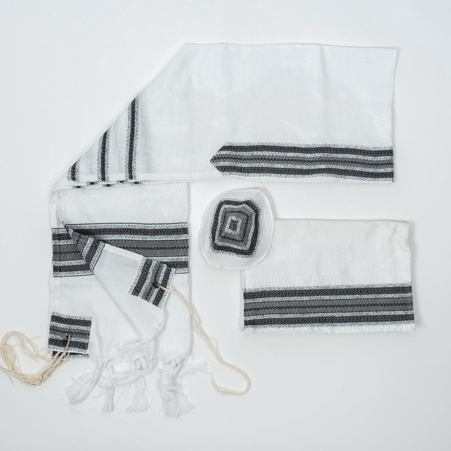 Gabrieli Tallits * | Gabrieli Tallit Adam Silk Tallit Greys And Silver On White Gabrieli Tallits