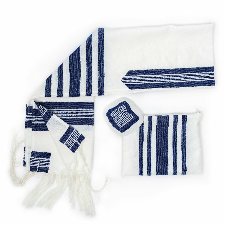 Gabrieli Tallits * | Gabrieli Tallit Gabrieli Tallits David Wool Tallit Wide Blue Stripes With Silver