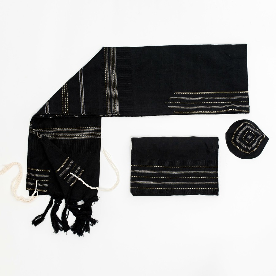 Gabrieli Tallits * | Gabrieli Tallit Elia Silk Tallit Gold And Silver On Black Gabrieli Tallits