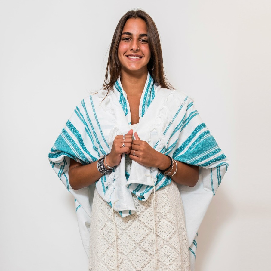 Gabrieli Tallits * | Gabrieli Tallit Samuel Wool Tallit Turquoise And Silver