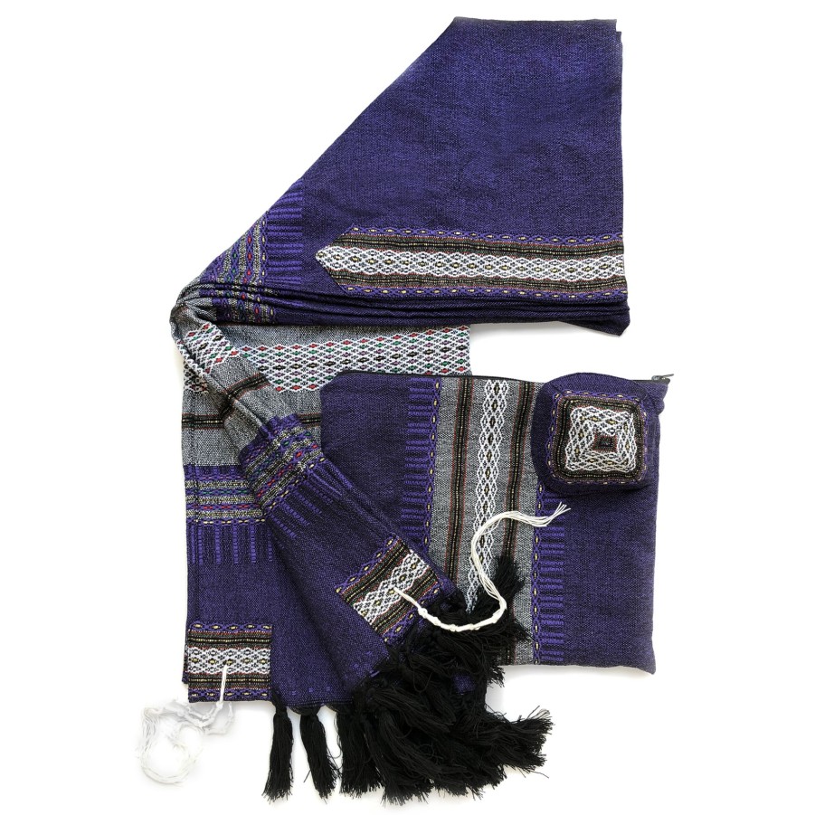 Gabrieli Tallits * | Gabrieli Tallit Elia Wool Tallit Grey With Gold On Dark Purple Gabrieli Tallits