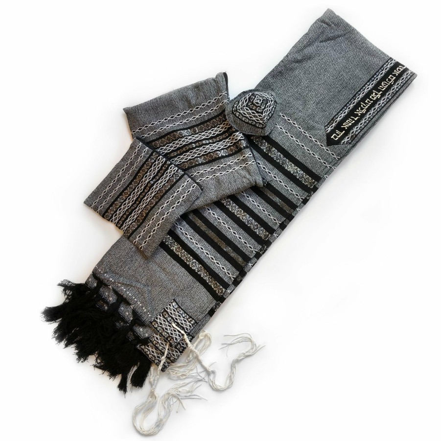 Gabrieli Tallits * | Gabrieli Tallit Gabrieli Tallits Gabrieli Premium Wool Tallit Black, White & Silver On Gray