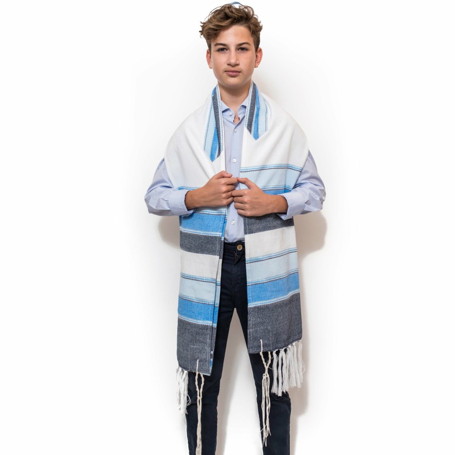 Gabrieli Tallits * | Gabrieli Tallit Noam Silk Tallit 3 Blues And Silver On White